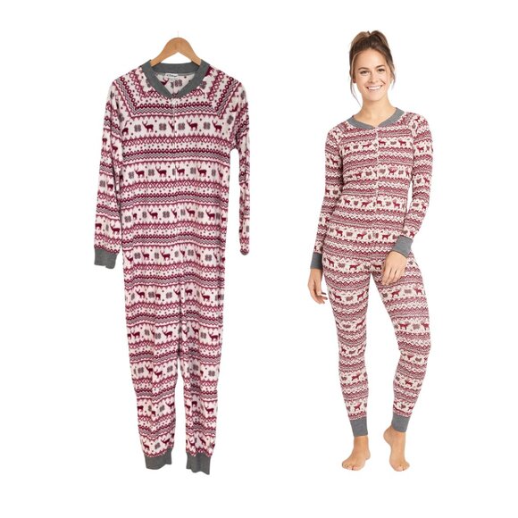 P.J. Salvage Pajamas Women Medium Onesie Moose Red White Gray Fleece One Piece - Picture 1 of 13